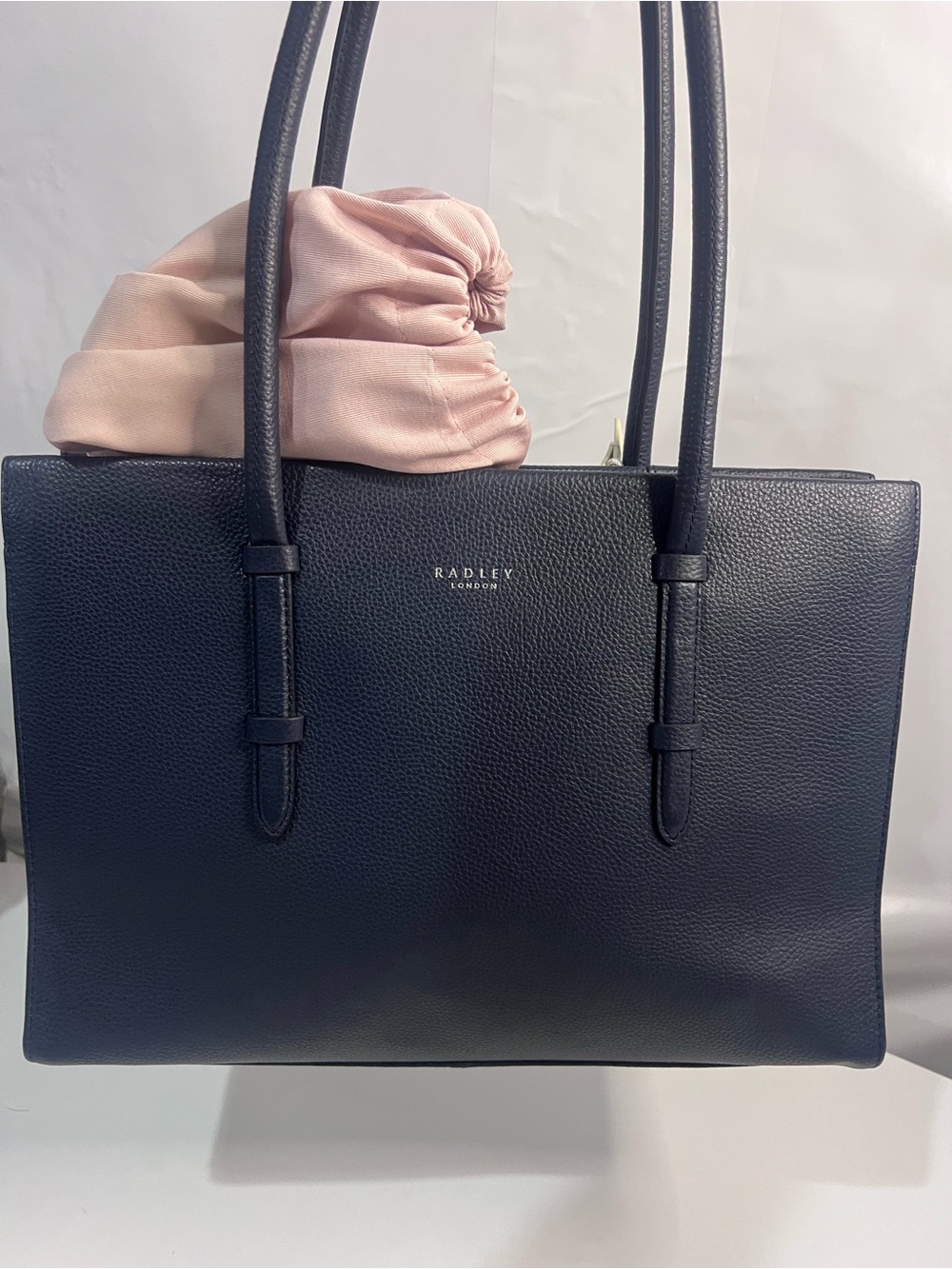 RADLEY LONDON Navy Leather Tote with Pink Fabric Accent